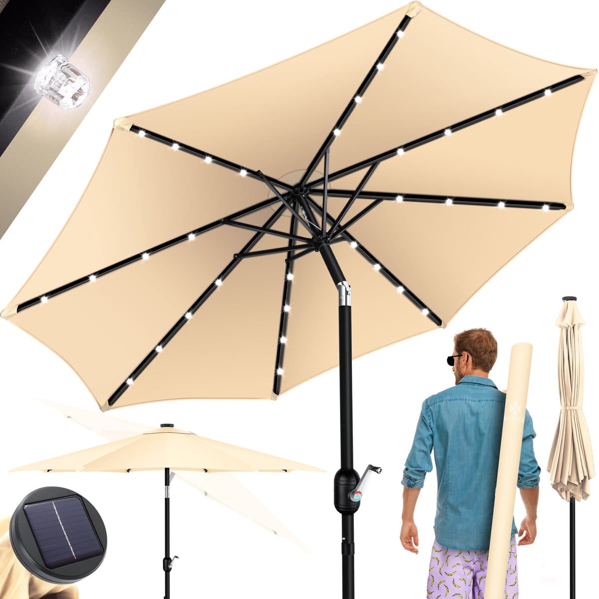 kesser® parasol led solar stokparasol met zwengel incl. 2in1 beschermhoes