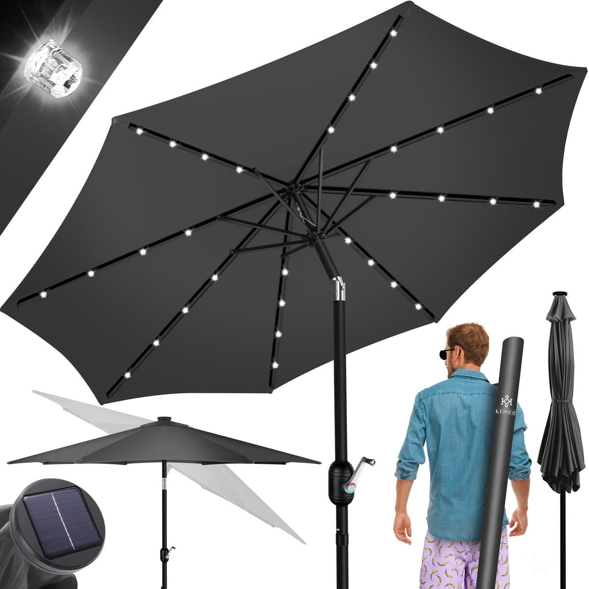 kesser® parasol led solar stokparasol met zwengel incl. 2in1 beschermhoes