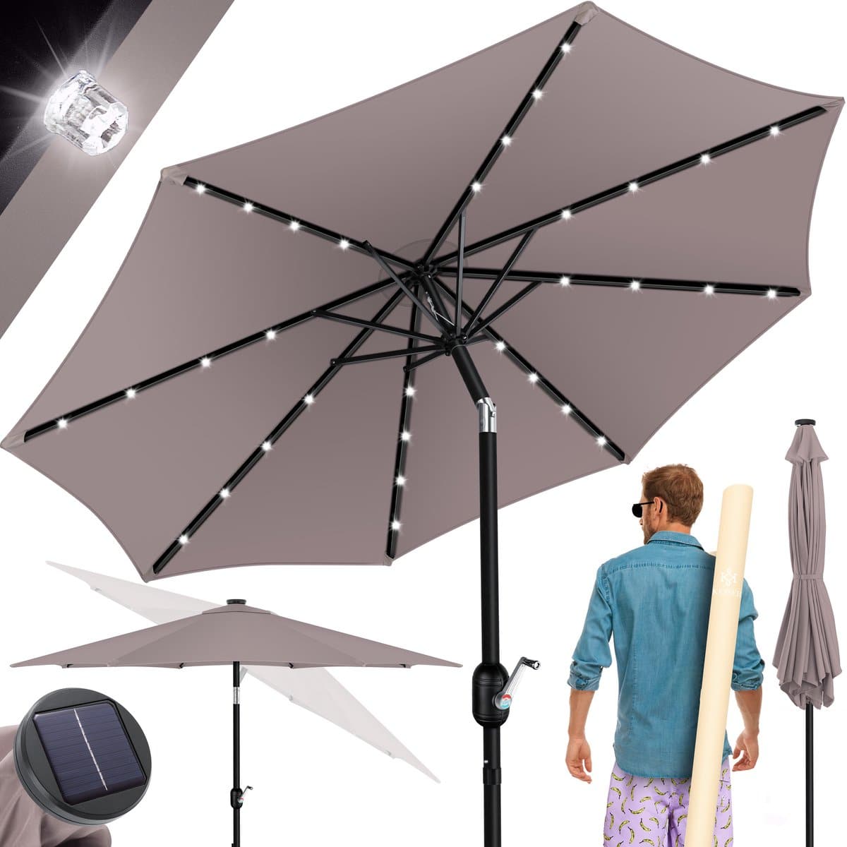 kesser® parasol led solar stokparasol met zwengel incl. 2in1 beschermhoes