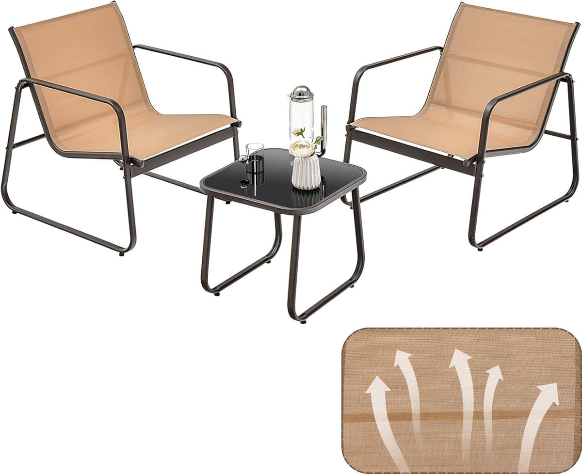 komfotteu 3 delige balkonset bistroset, balkonmeubelset met 2 stapelstoelen van textiel