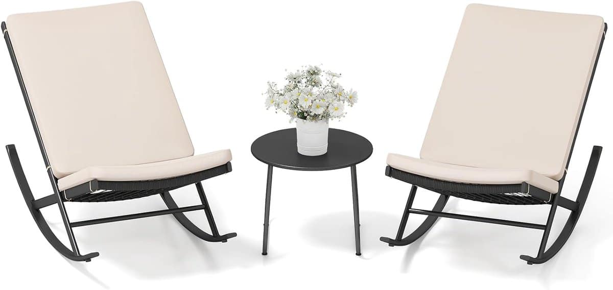 komfotteu 3 delige bistroset, schommelstoelen voor buiten, van rotan met koffietafel