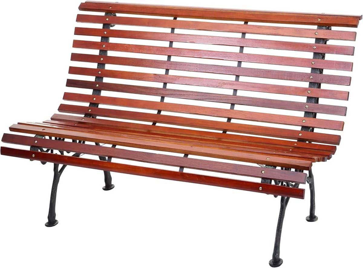 landelijke houten tuinbank met gietijzeren onderstel 2 zits parkbank