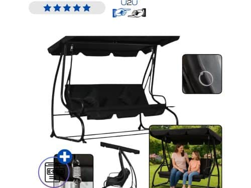 LEAN Vierpersoons Tuinschommel met Dak Vrijstaand Zwart - Luxe Schommelbank