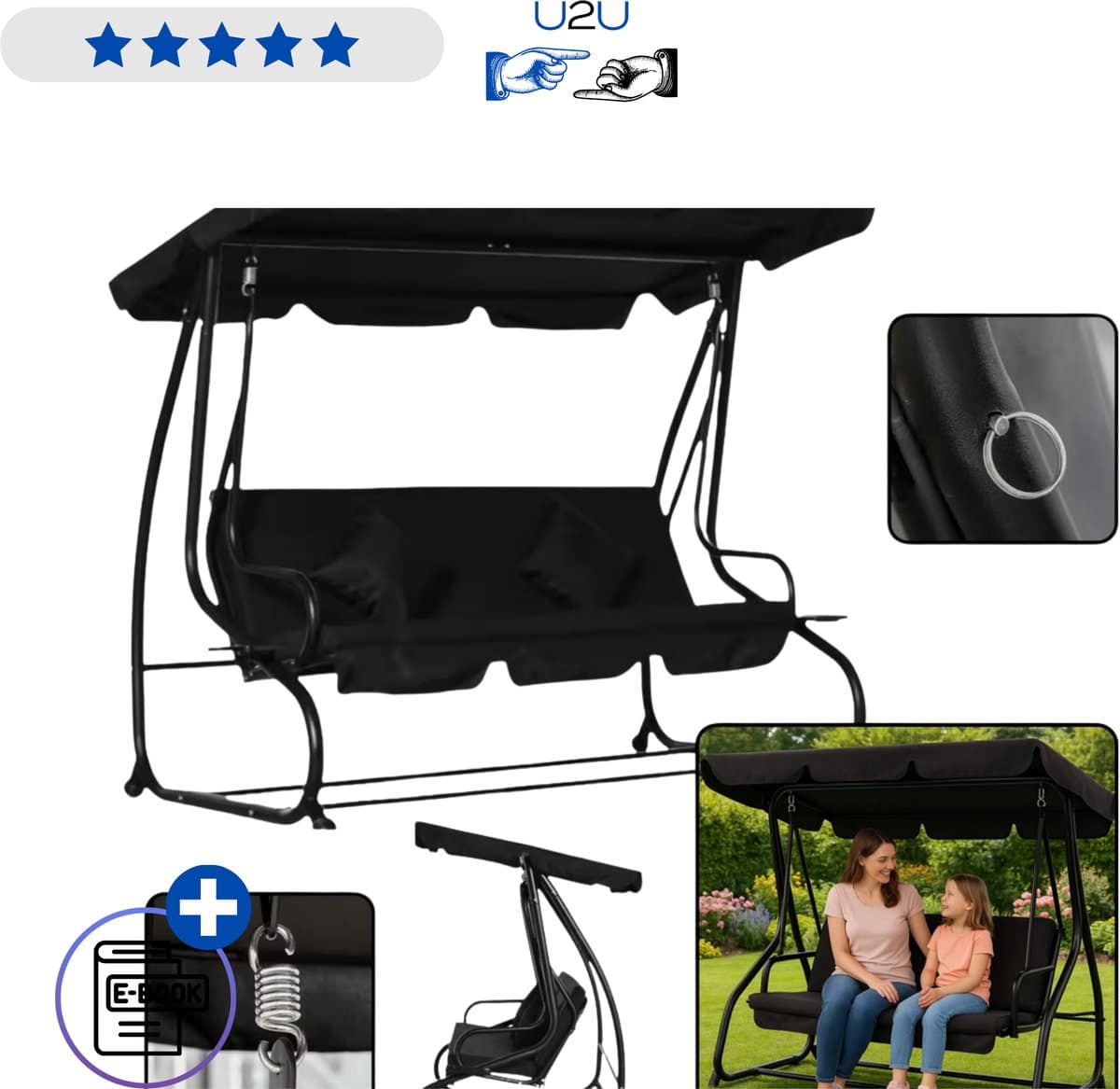 lean vierpersoons tuinschommel met dak vrijstaand zwart luxe schommelbank