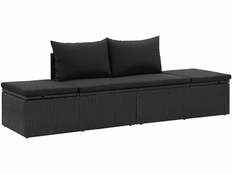 Ligbed | Loungebed | Ligstoel met kussens poly rattan zwart