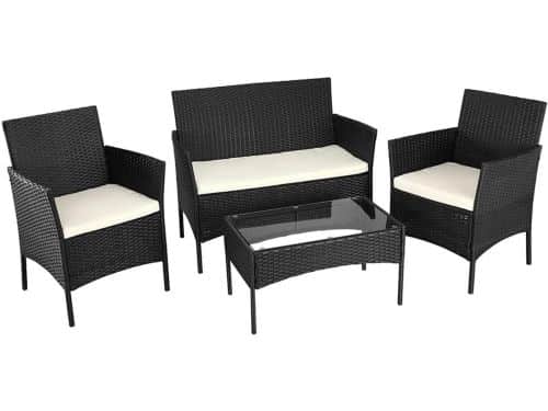 Lounge Set Tuin met Bank, 2 Stoelen en Glazen Tafel