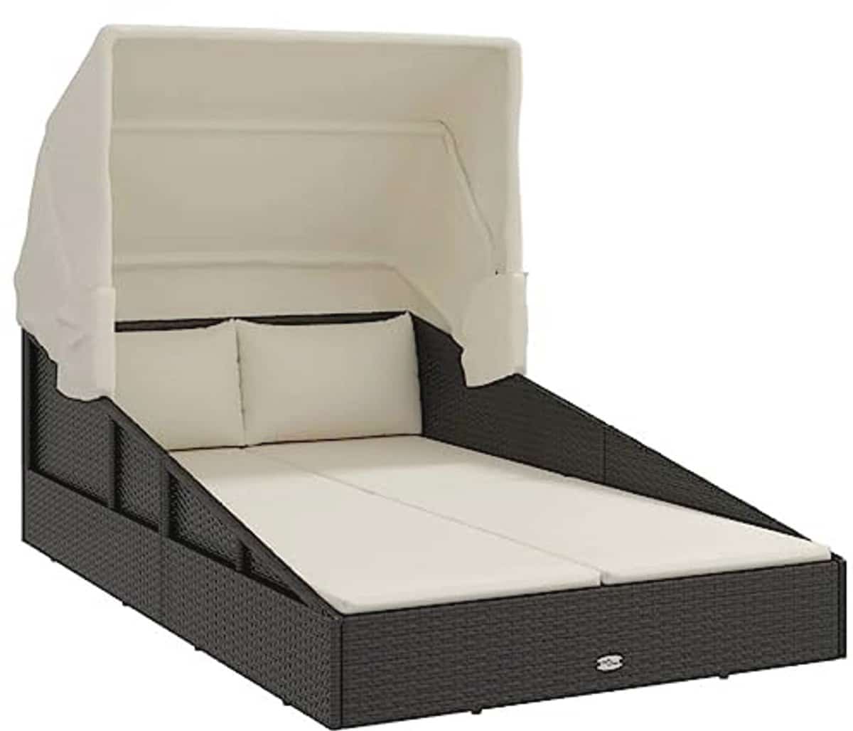 lounger met uitschuifbaar dak 200x114x128cm poly rattan zwart