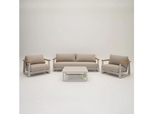 Loungeset kunststof rug draad Creme Beige Aluminium frame Teak arm Lounge Stoel met Tafel Vita
