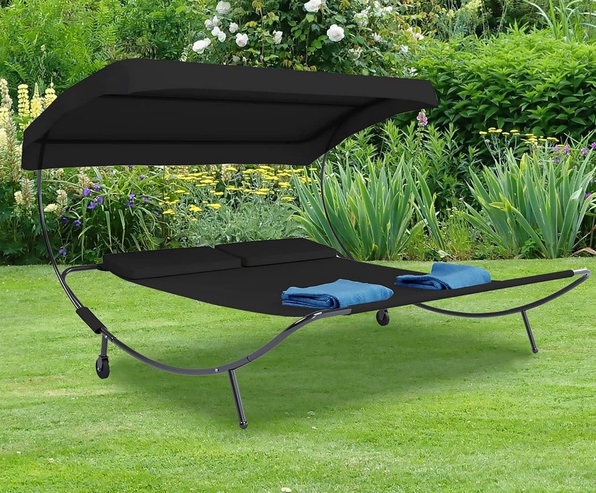 luxe dubbele ligbed met verstelbaar zonnedak en wielen