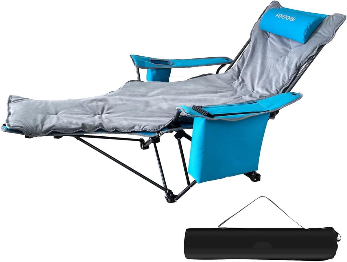 luxe opvouwbare campingstoel met voetensteun en koeltas verstelbaar ligbed