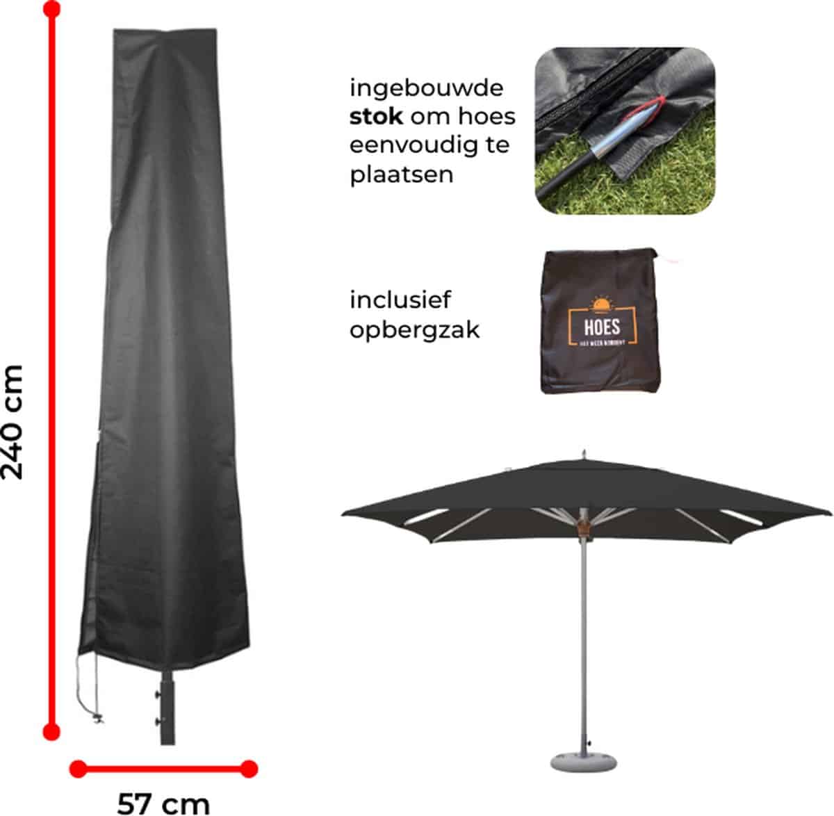 luxe parasolhoes met ingebouwde stok en rits voor staande parasol