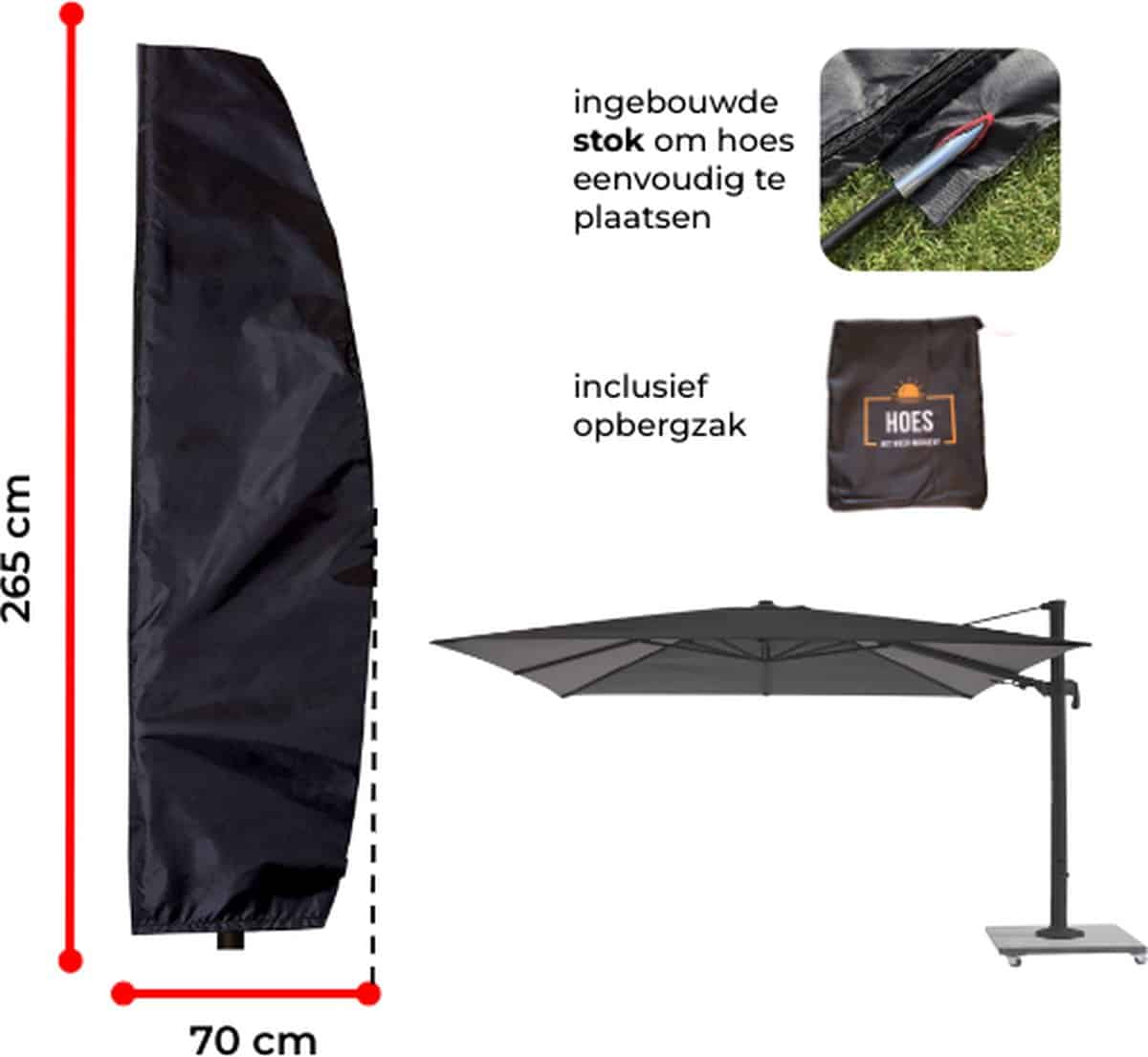 luxe parasolhoes met ingebouwde stok en rits voor zweefparasol