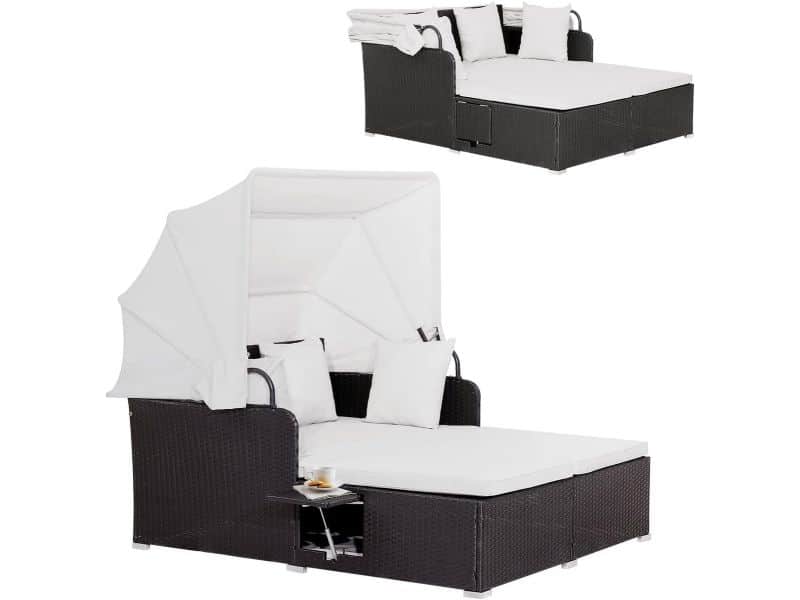 Luxe Rotan Loungebank met Verstelbaar Zonnedak voor Tuin en Terras