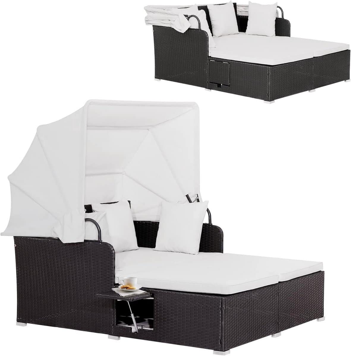 luxe rotan loungebank met verstelbaar zonnedak voor tuin en terras