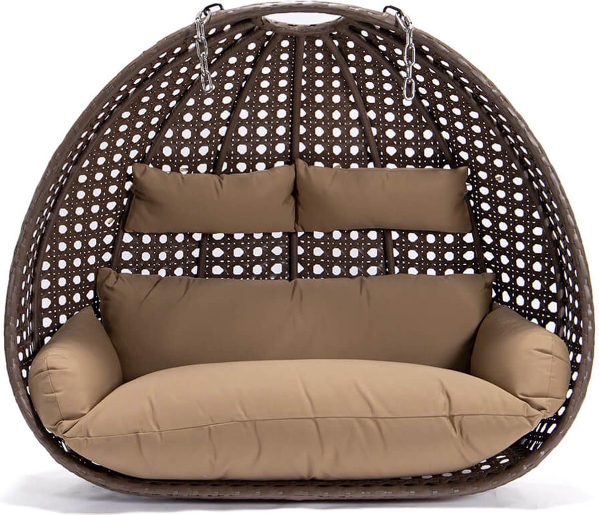 mand hangstoel polyrattan twin bruin met kussens +