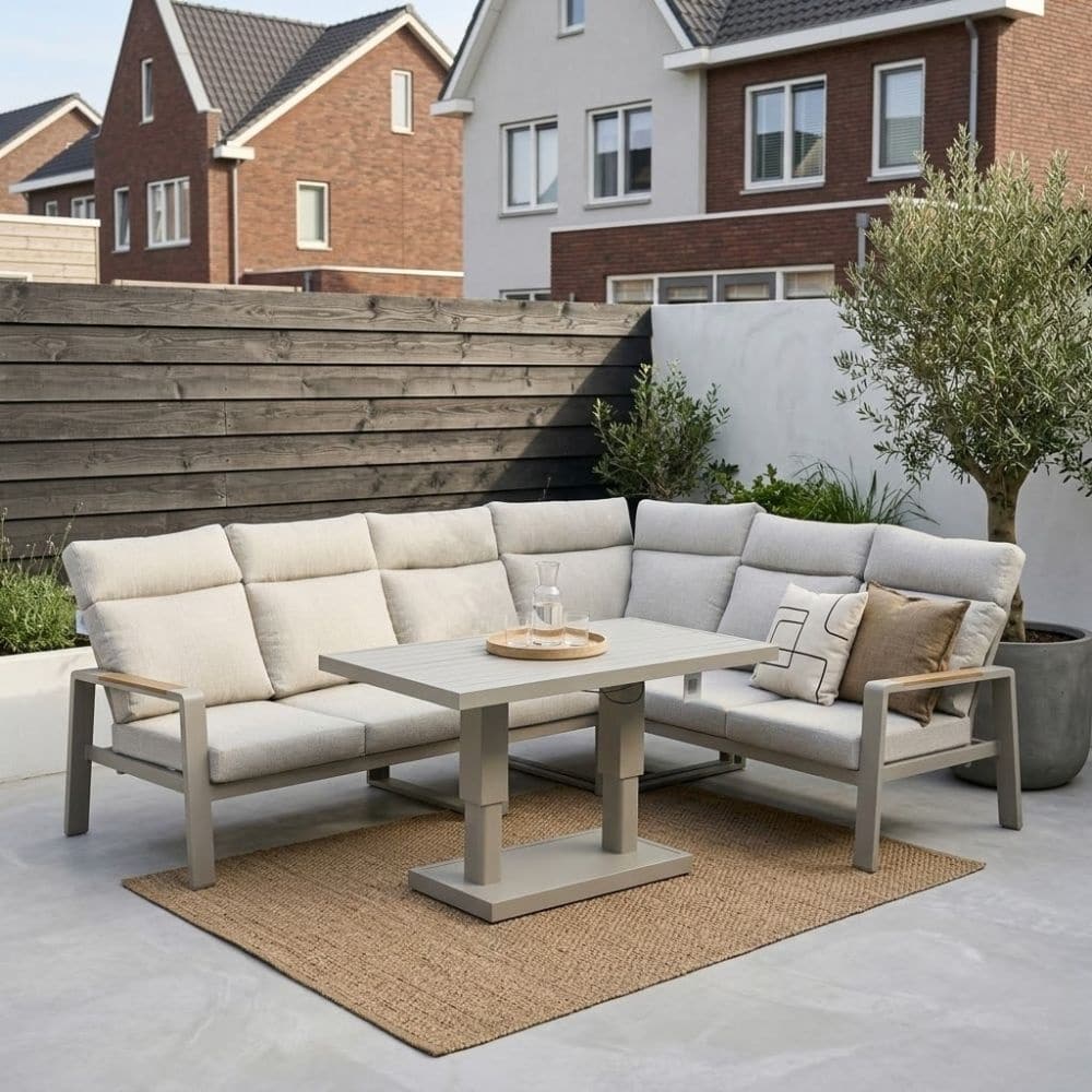 manhattan dining loungeset verstelbaar 6 personen | aluminium + polywood | beige | 5 delig 273x213cm