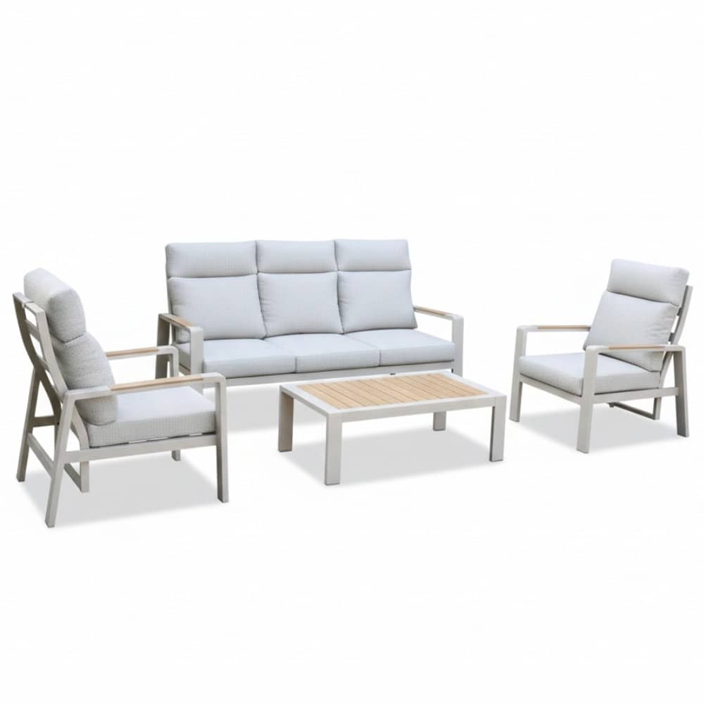 manhattan stoel bank loungeset verstelbaar incl. tafel | aluminium + polywood | beige | 4 delig