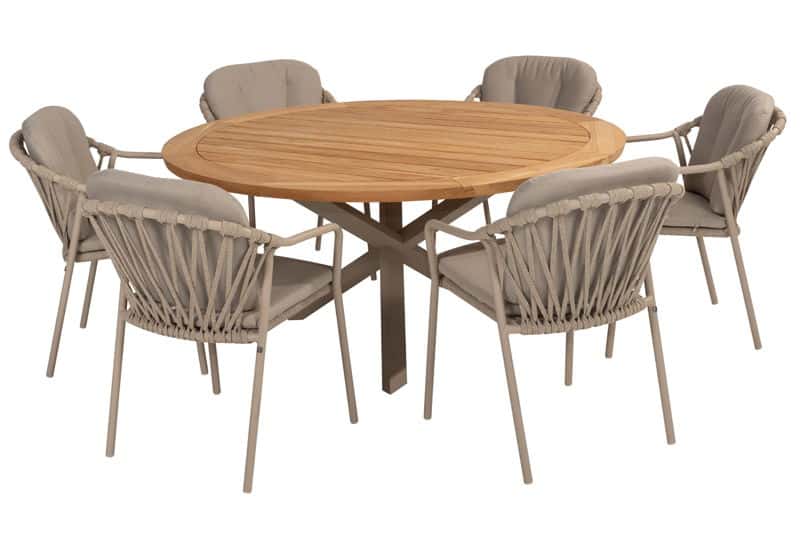 manitoba diningset met prado tafel latte teak rond dia. 160 cm taste taste