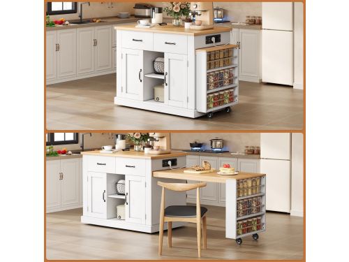 Mobiel Keukeneiland - Uitschuifbare Eettafel + Klapbare Bartafel + 7