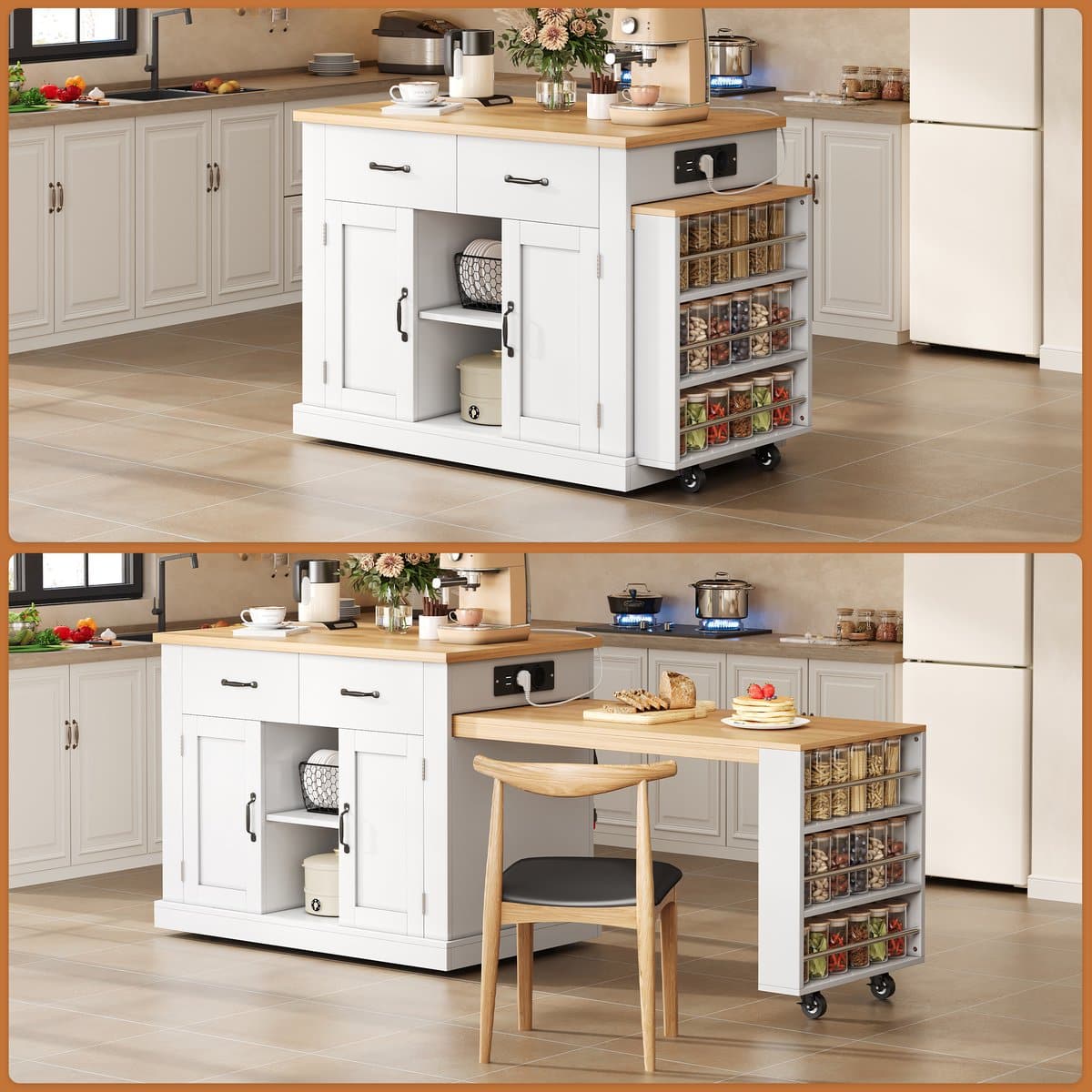 mobiel keukeneiland uitschuifbare eettafel + klapbare bartafel + 7