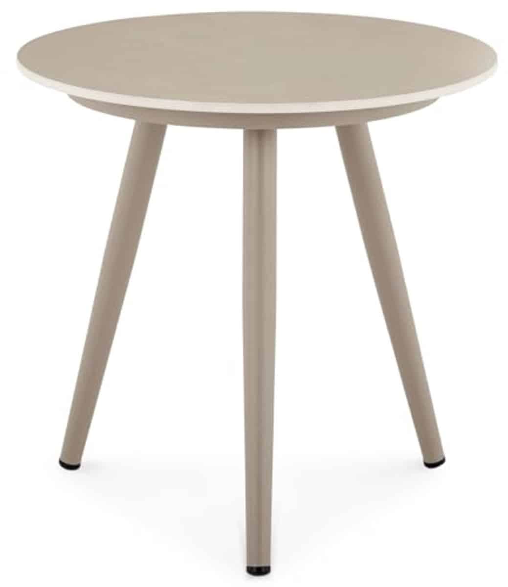 moderne bijzettafel met rond tafelblad van sintersteen en aluminium frame