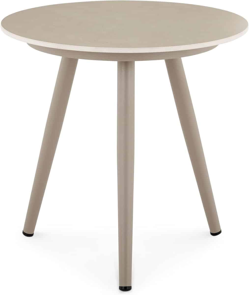 moderne bijzettafel met rond tafelblad van sintersteen en aluminium frame