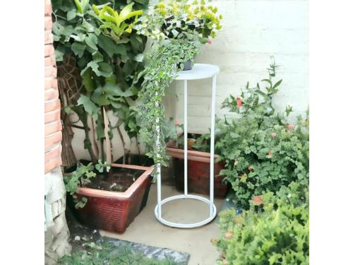 Moderne witte bloemenkruk - Rond metalen plantenstandaard en bijzettafel
