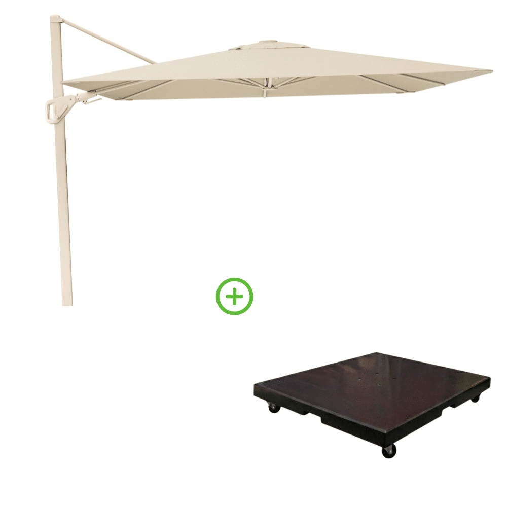 nexus t² zweefparasol premium doek | 300×300 met monza parasolvoet 90kg | champagne/sandstone