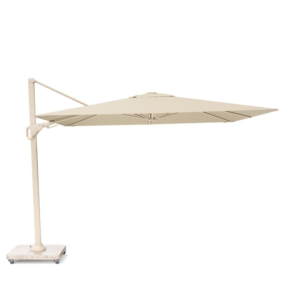 nexus t² zweefparasol premium doek | 300×300 met rocca parasolvoet 90kg | champagne/sandstone