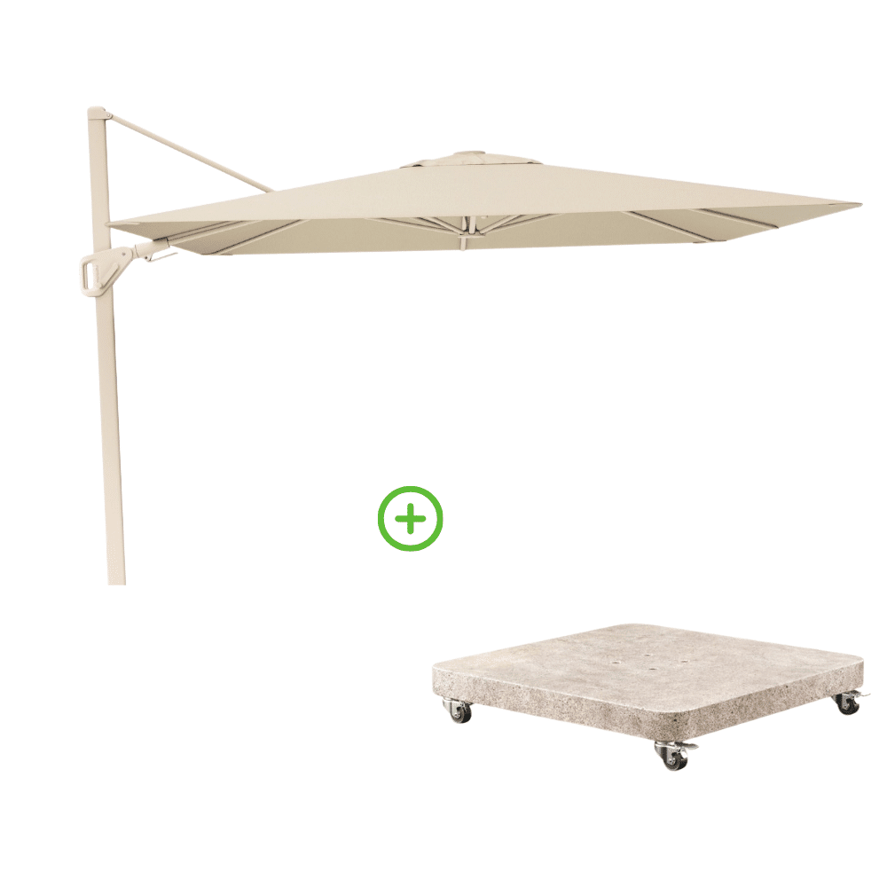 nexus t² zweefparasol premium doek | 300×300 met venezia rond parasolvoet 90kg | champagne/sandstone