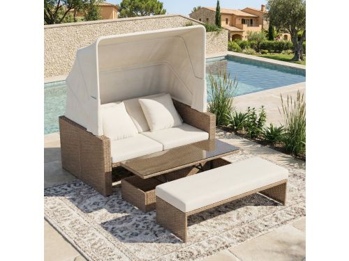 OKWISH Tuinlounge Voor 4 Personen - Ombouwbaar Tot Ligbed Met