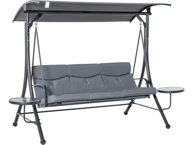 Outsunny Hollywoodschommel 3-zitter tuinschommel schommelbank met verstelbare zonnedak theetafel staal