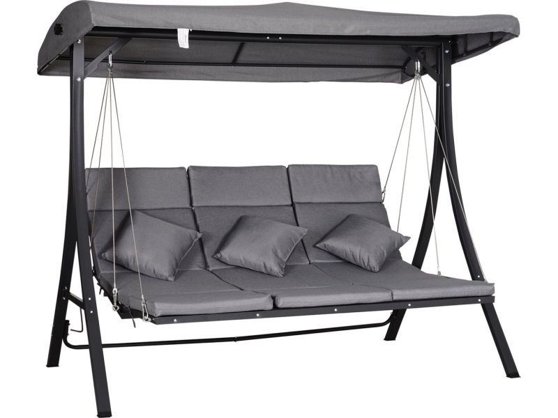 Outsunny Hollywoodschommel, 3-zitter tuinschommel, schommelbank, verstelbaar zonnedak, Textileen grijs 200