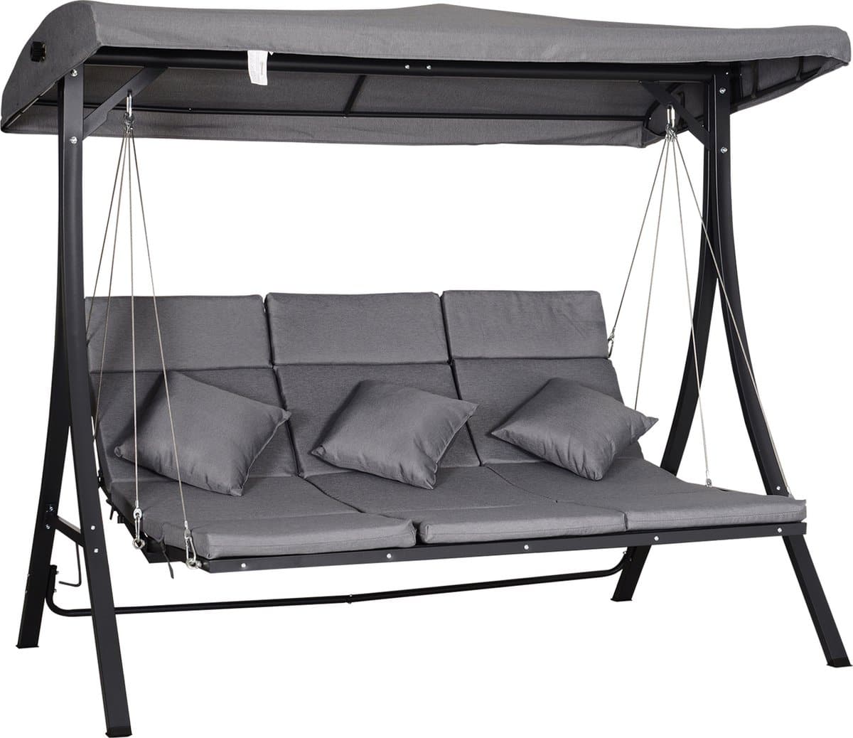 outsunny hollywoodschommel, 3 zitter tuinschommel, schommelbank, verstelbaar zonnedak, textileen grijs 200