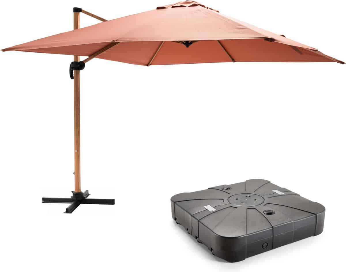 oviala 3x3m parasol en verzwaarde wielen met houtkleurig klei