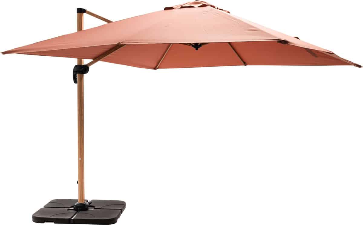 oviala parasol van 3x3m en 4 houtkleurige kleurrijke tegels