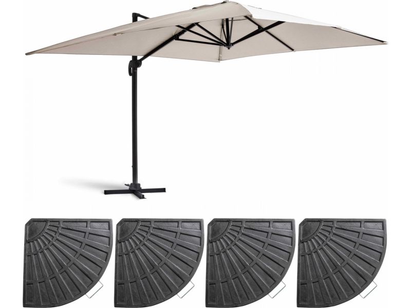 Oviala - Zweefparasol 3x4m Wit Kantelbaar Draaibaar + 4 Tegels
