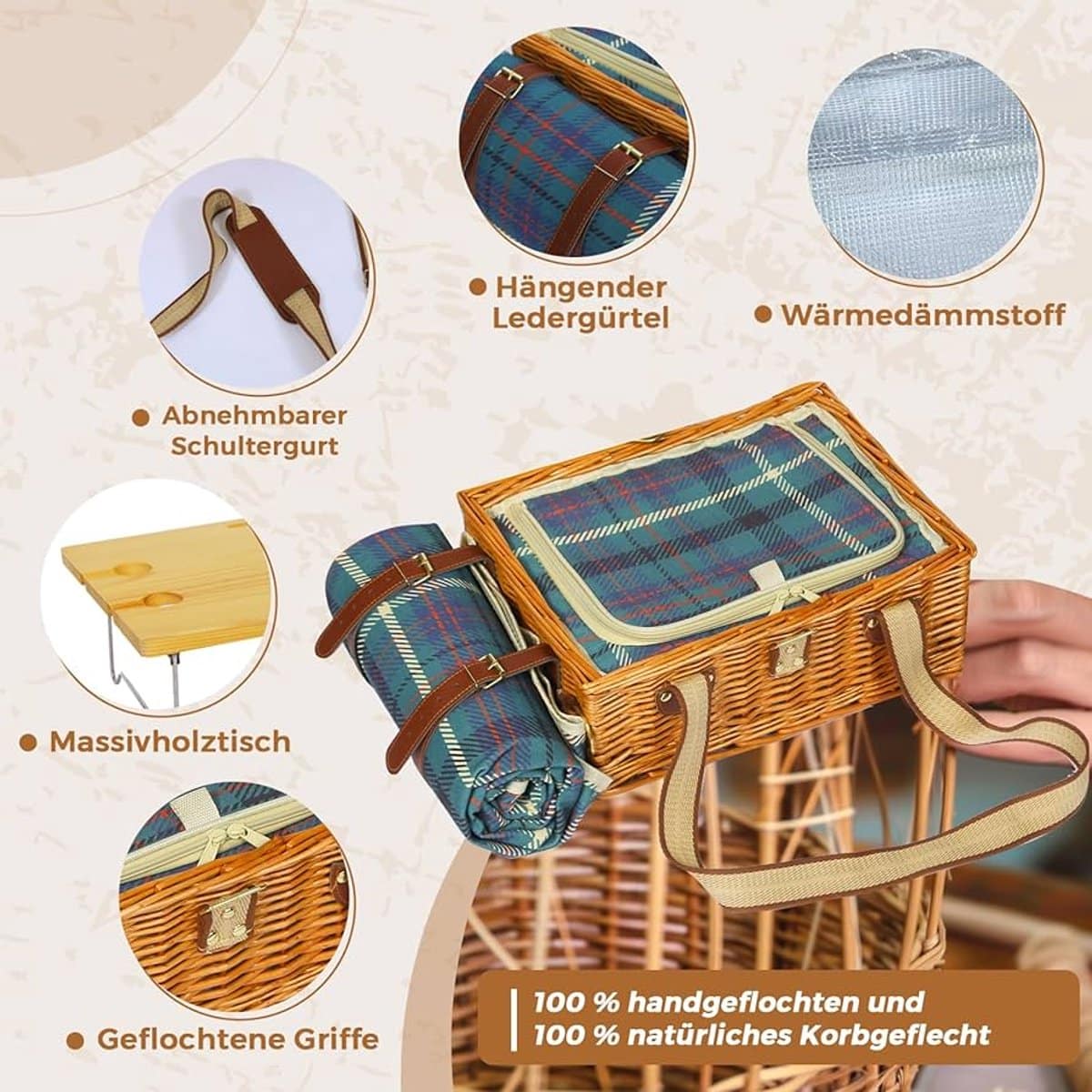 picknickmandset met klaptafel voor 4 personen donkergroen