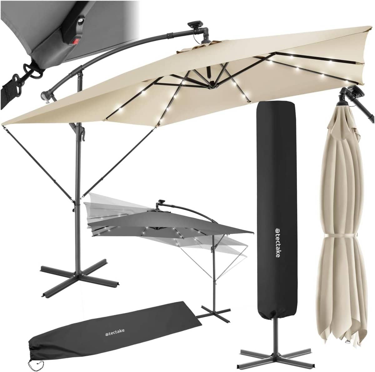 rechthoekige parasol met led verlichting op zonne energie inclusief beschermhoes en