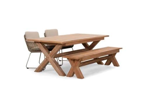 Riga/Harper Sandstone stoel-bank dining tuinset | 4 personen | hardhout + touw | 200cm