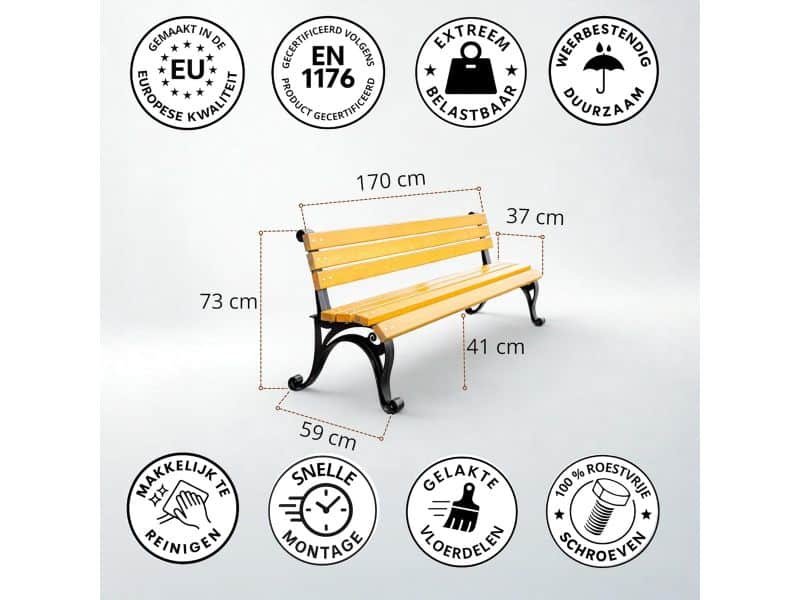 Robuuste Metalen Houten Tuinbank met Rugleuning 170 cm Weerbestendig Buitenmeubel