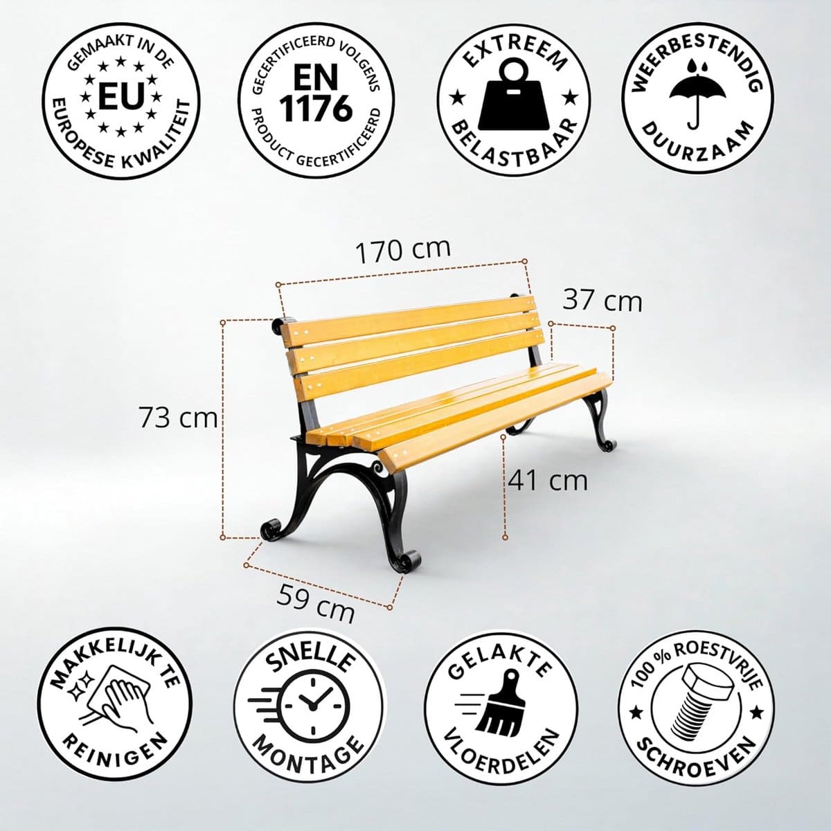 robuuste metalen houten tuinbank met rugleuning 170 cm weerbestendig buitenmeubel