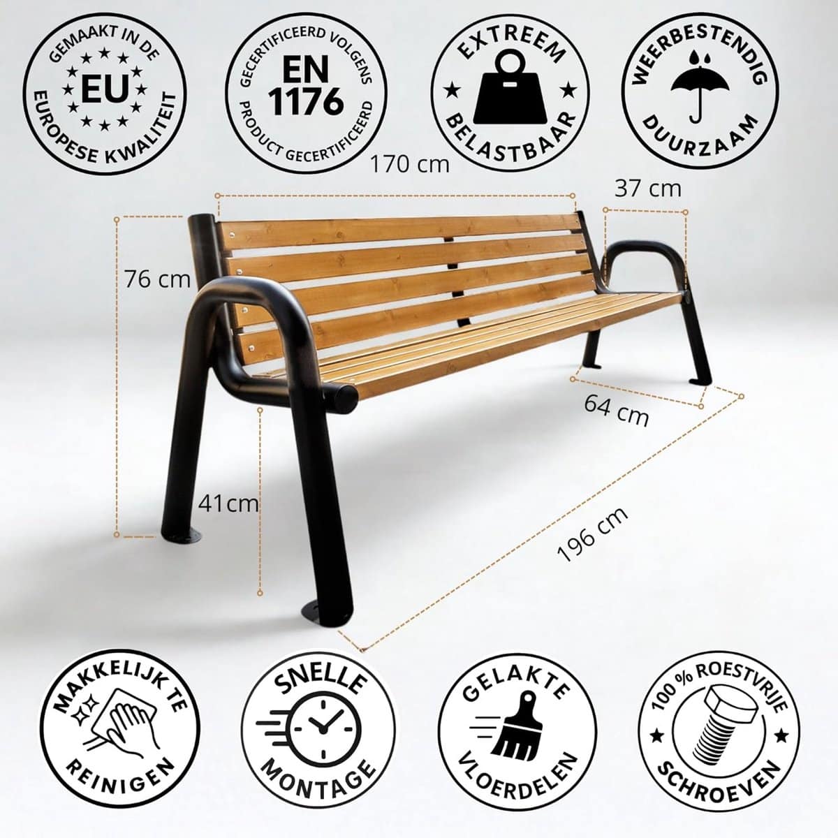 robuuste stalen parkbank met houten zitting weerbestendig voor tuin