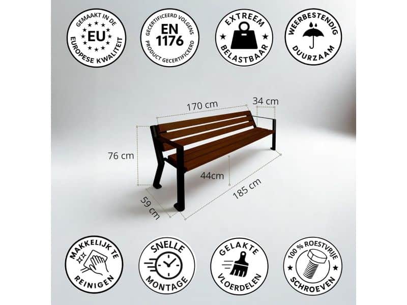 Robuuste tuinbank van staal en behandeld hout 185 cm voor