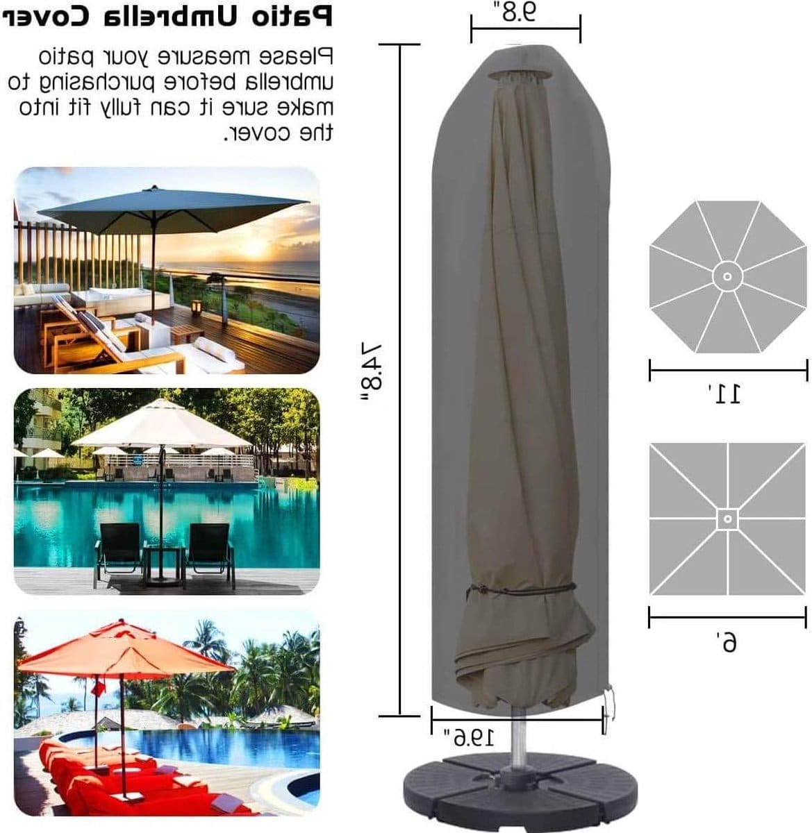 robuuste waterdichte parasolhoes met ritssluiting verstelbaar trekkoord zwart