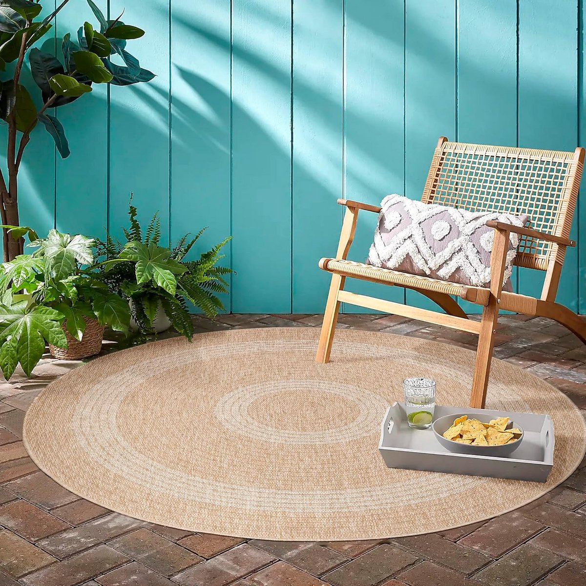 Rond Buitenkleed Beige 120 cm – Weerbestendig Terraskleed voor Tuin