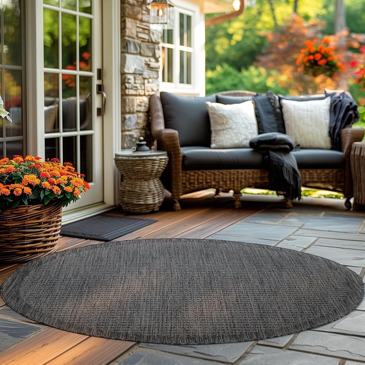 rond buitenkleed zwart 120cm weerbestendig patio, balkon of tuin