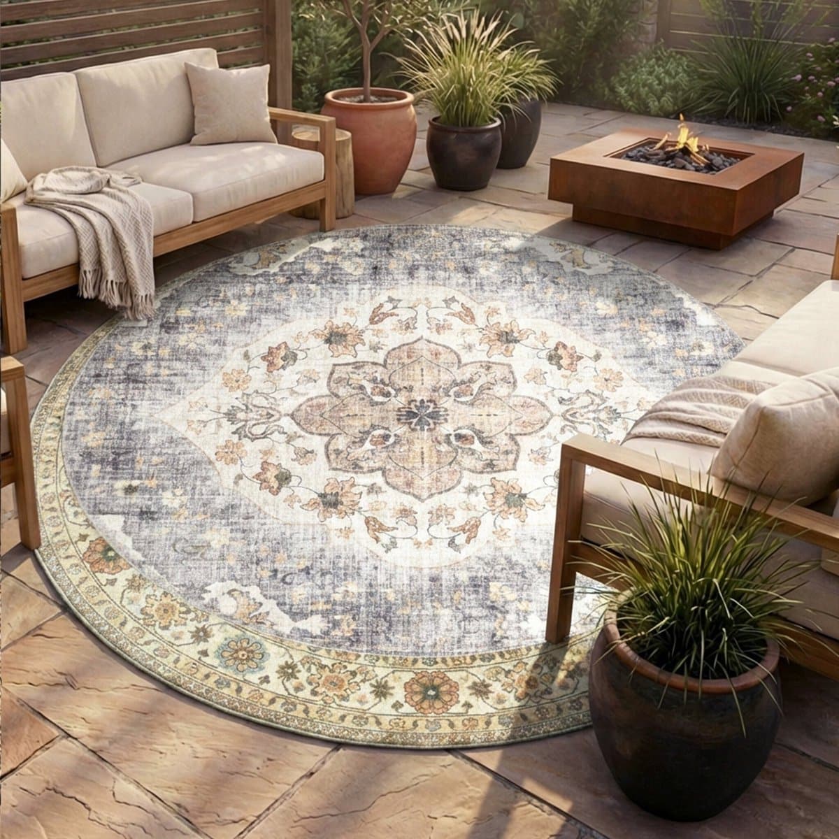 rond vintage buitenkleed santo mandala blauw/grijs Ø 230cm