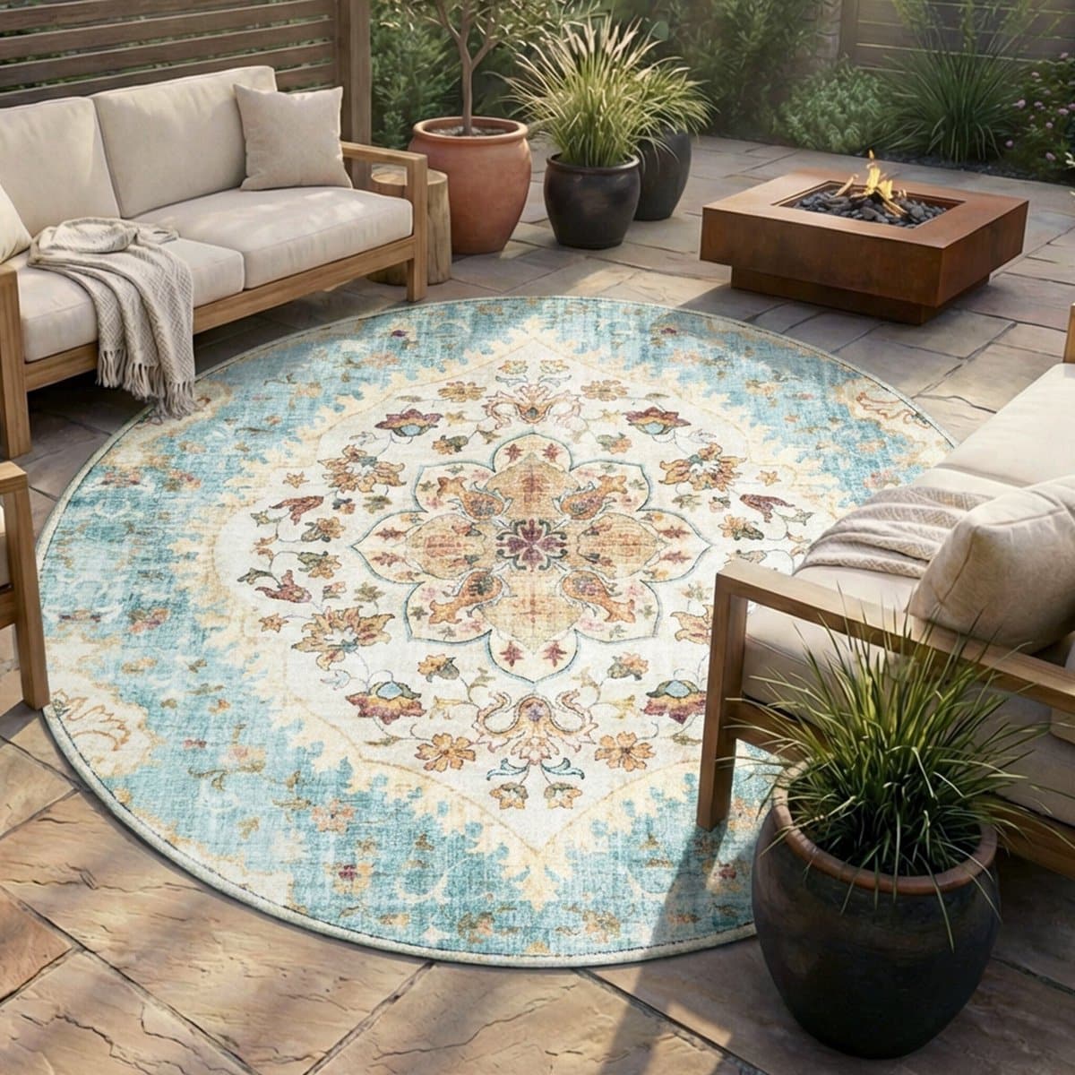 rond vintage buitenkleed santo mandala lichtblauw Ø 200cm