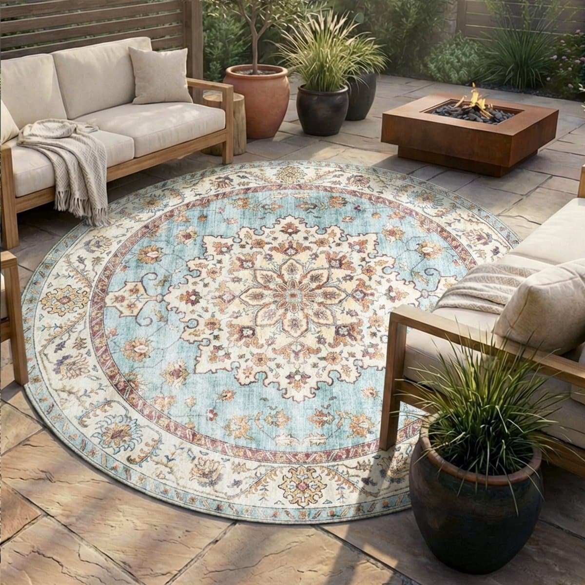 rond vintage buitenkleed santo medaillon lichtblauw Ø 160cm